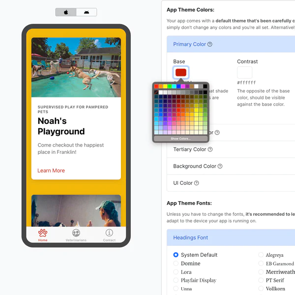 App theme colors, typography, and branded content being customized