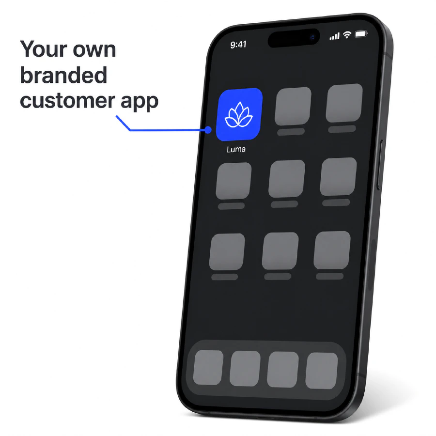 A modern phone home screen highlighting a Luma app as the business's own branded customer app
