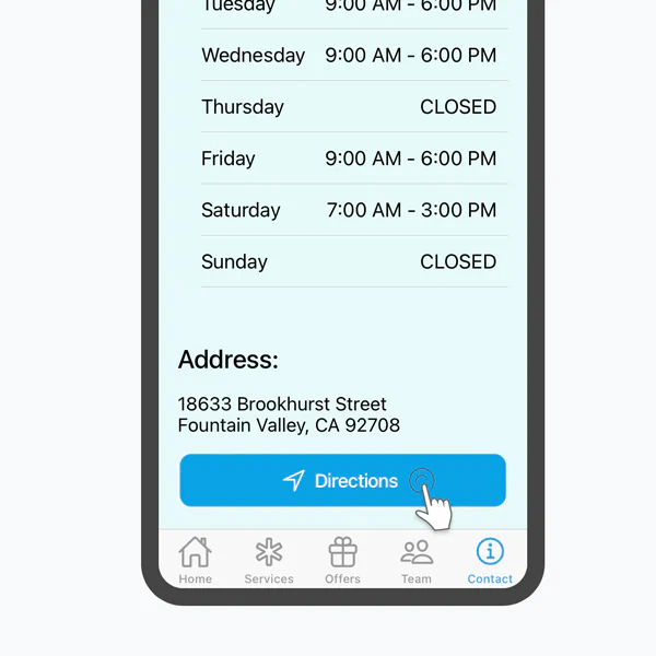 Business hours, address, and a one-tap directions button
